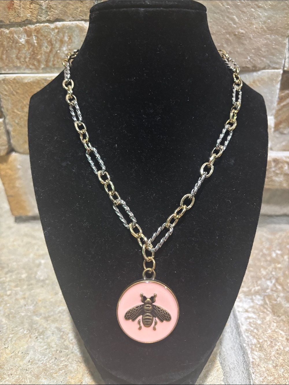 Two-Tone Chain Necklace with Pink Bee Pendant